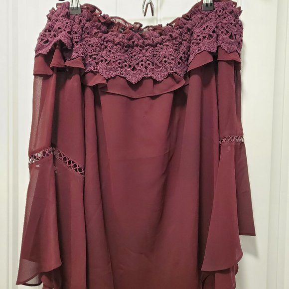 White House Black Market Deep Plum Lace Off Shoulder Blouse